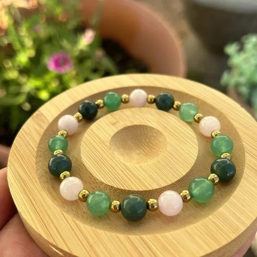 💚🩷Handmade Moss agate + green aventurine + rose quartz + hematite bracelet